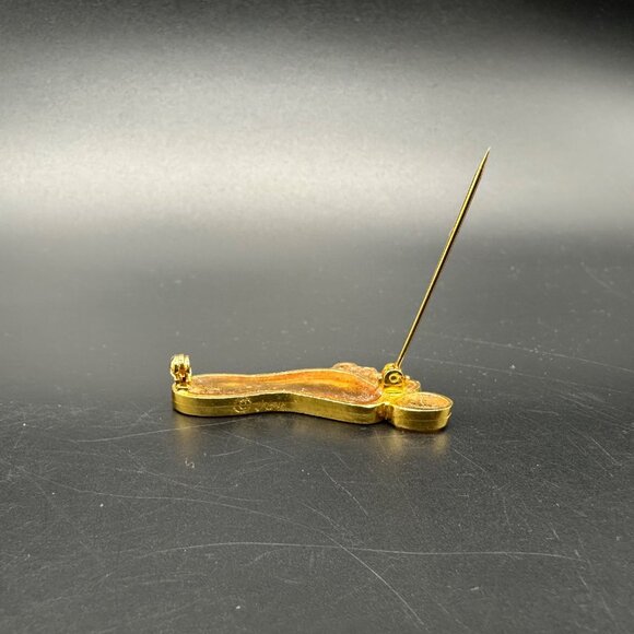 Vintage Signed Joy Resin Plique A Jour Stained Glass Foot Brooch Pin 1960s Gold - Picture 3 of 7